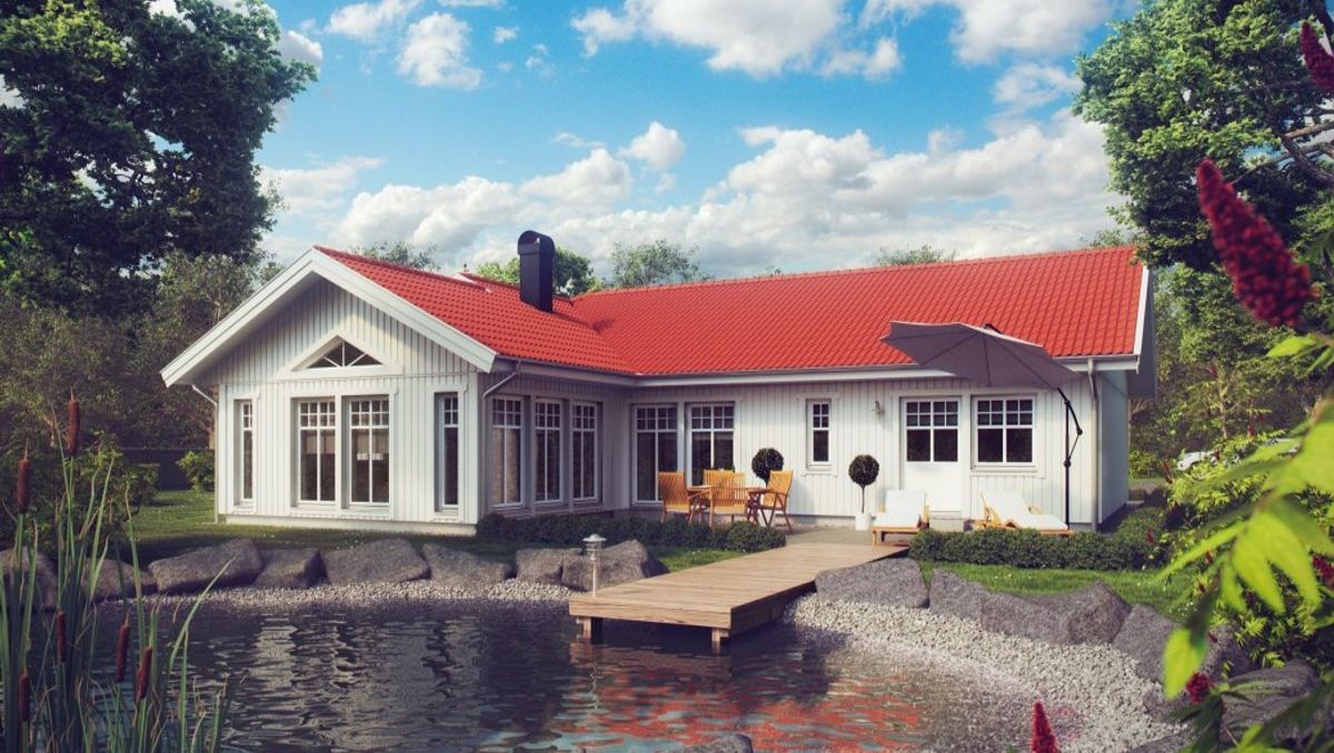 Nøkkelferdig enebolig med rød takstein i Sør-Norge.