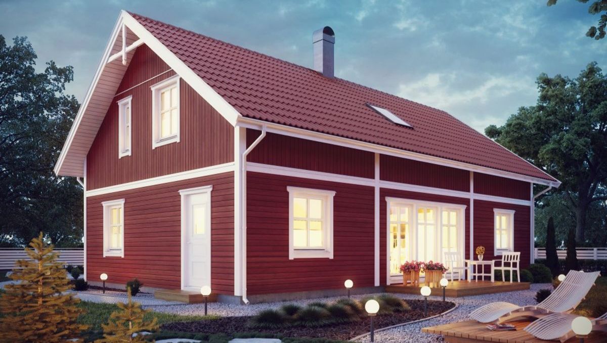 Tradisjonelt rødt trehus fra Eksjöhus på Østlandet.